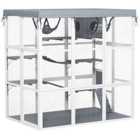 Large Outdoor Catio Cat Enclosure With Hammock, Condo,Platforms, Ladders, Ramps, Tarp, For 2-4 Large Cats, Gray (Option: Gray)