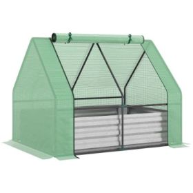 Outsunny Galvanized Raised Garden Bed With Mini Greenhouse Cover, Outdoor Metal Planter Box With 2 Roll-Up Windows For Growing Flowers, Fruits, V (Option: Green)